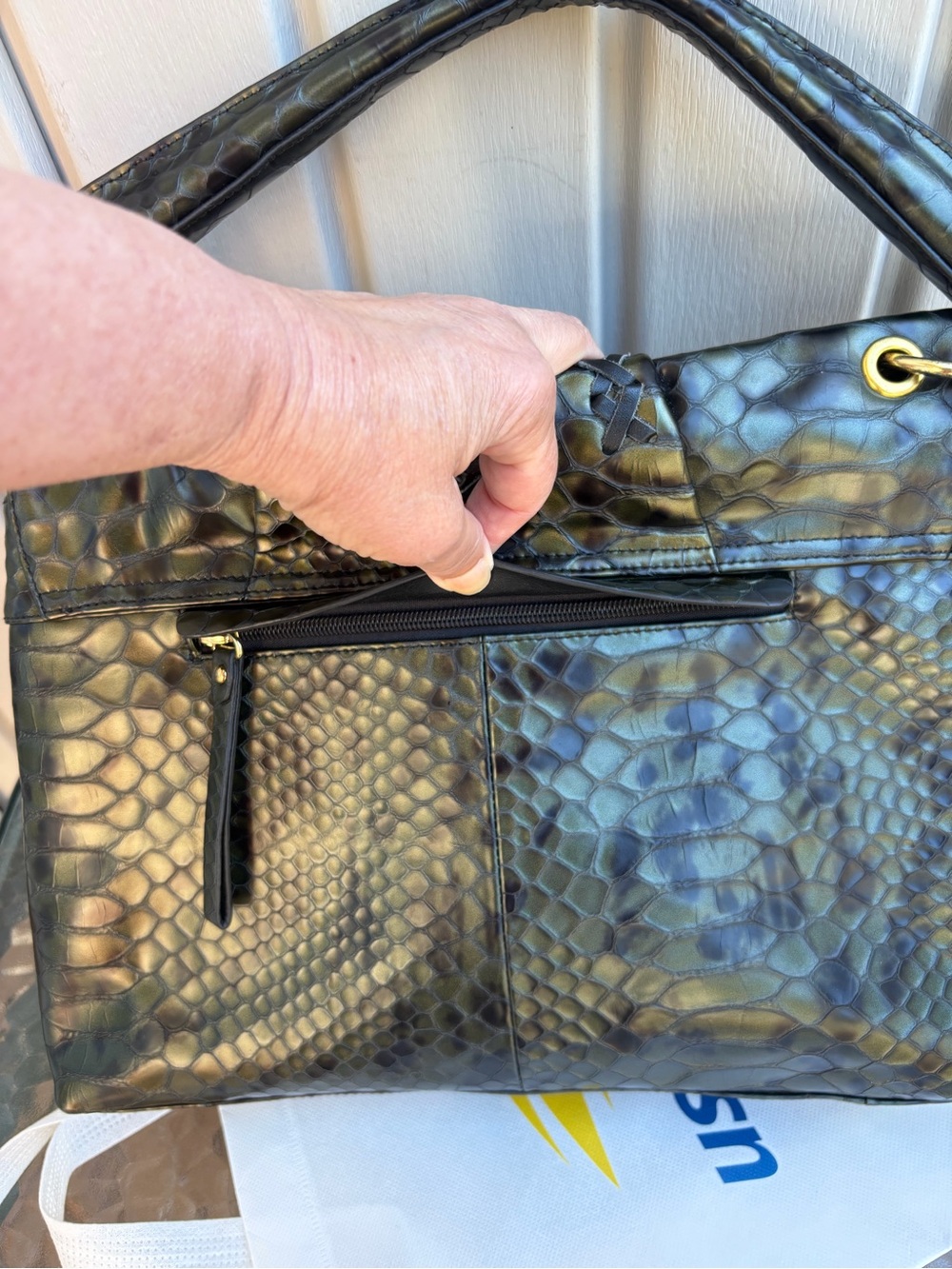 Sharif Black Embossed Snake-Texture Shoulder Bag with Gold Plaque - Picture 7 of 11